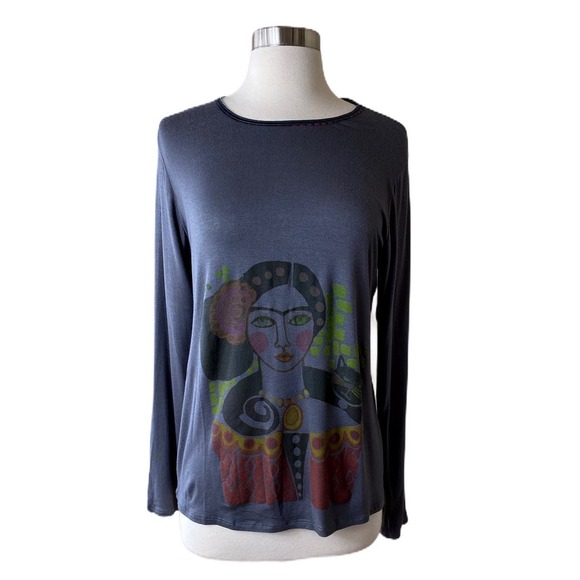 T.ZOVICH Top Frida Kahlo Graphic Print Long Sleeves Graphic Print Gray Small NWT - Picture 1 of 8